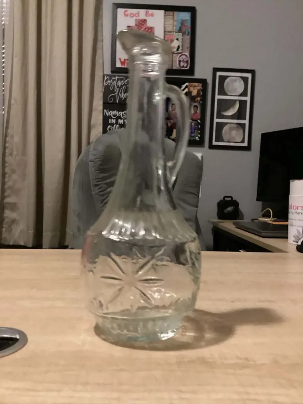 Vintage Clear Pressed Glass Starburst Pattern Decanter with Handle and Spout